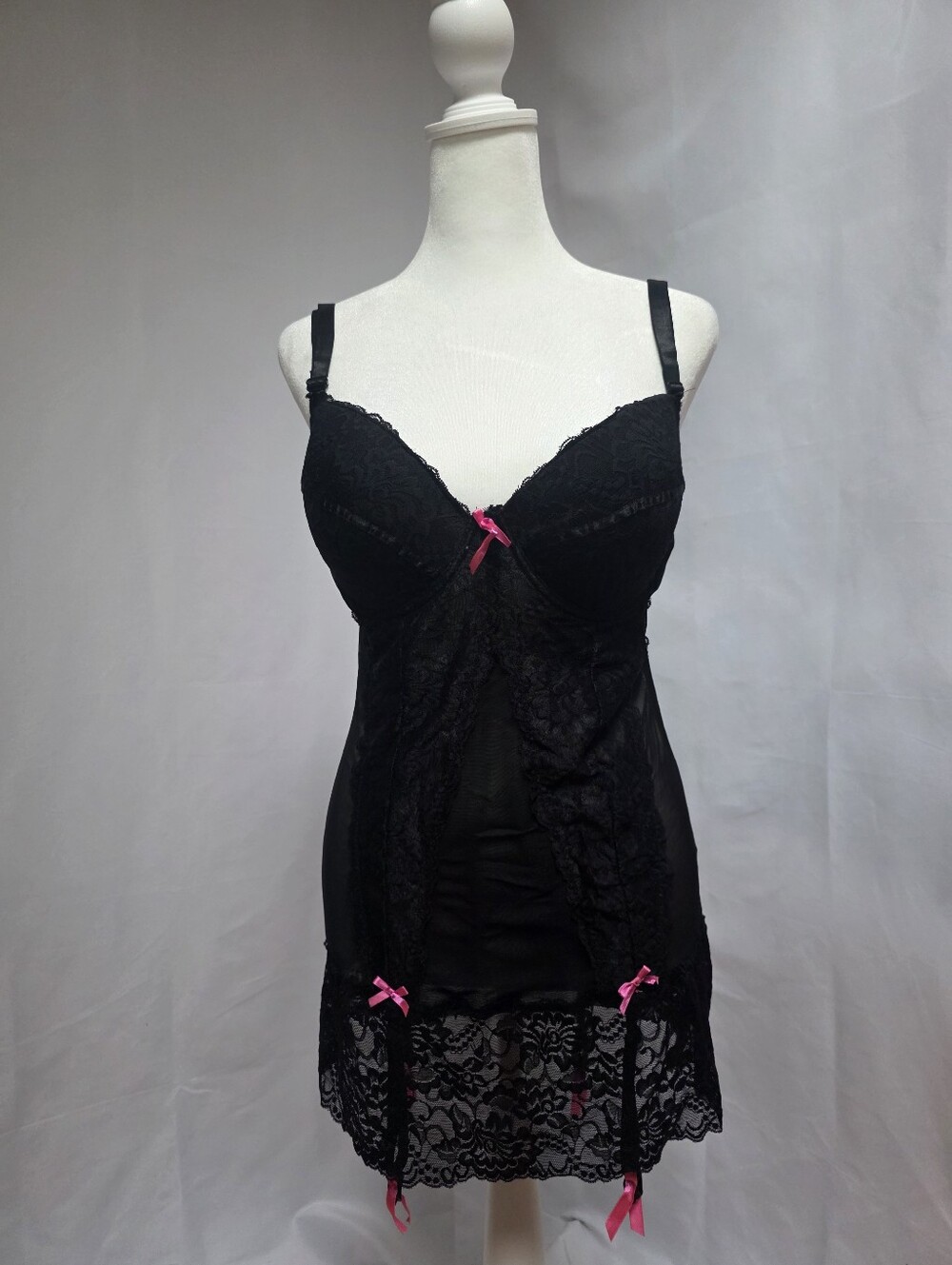 Black Lace Babydoll Chemise Garter Slip Pink Bow Strappy Back Unbranded